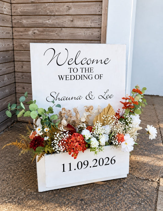 Welcome Flower Box Freestanding Easel Sign - White