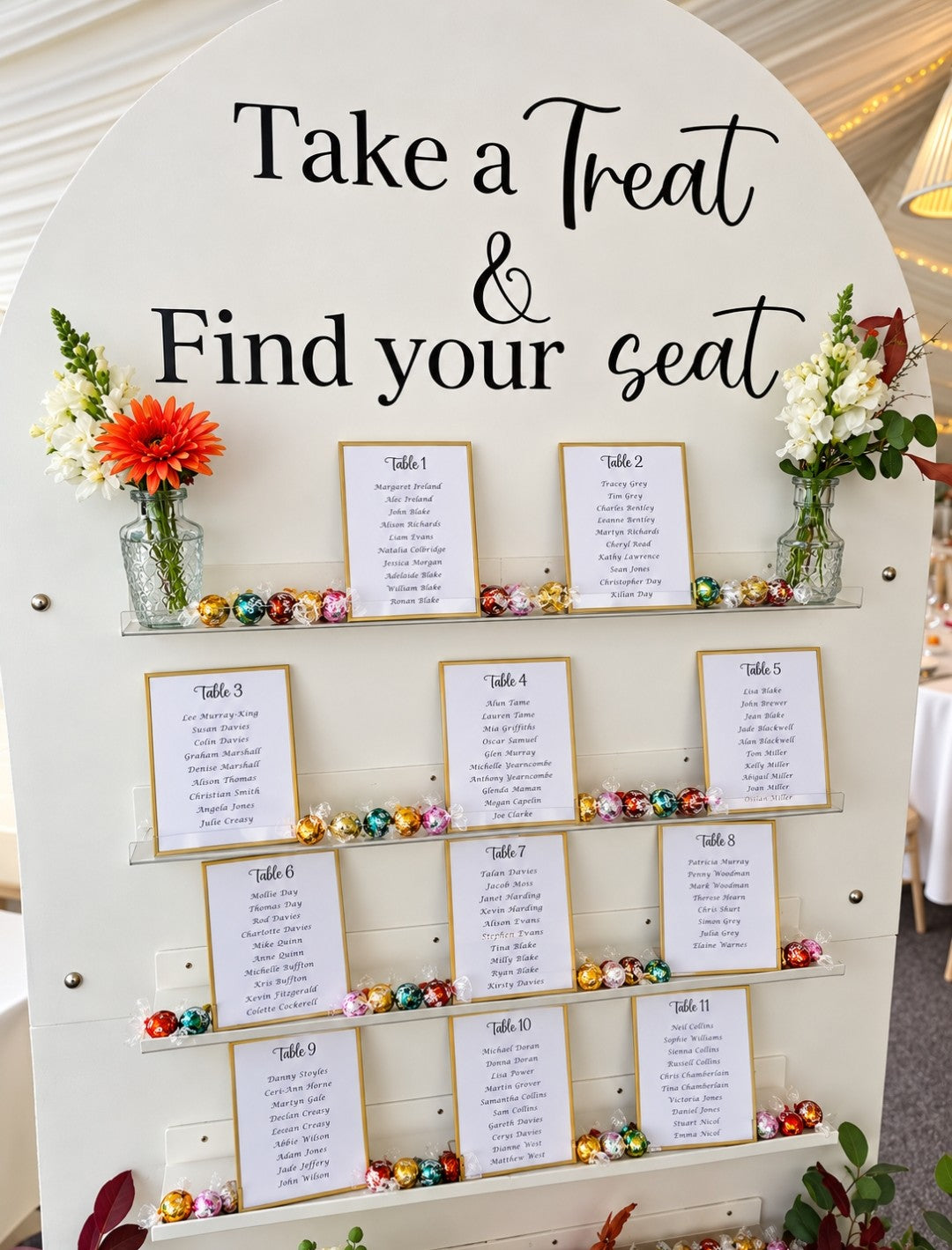 Seating Plan, Shot wall, Favour flower box wall