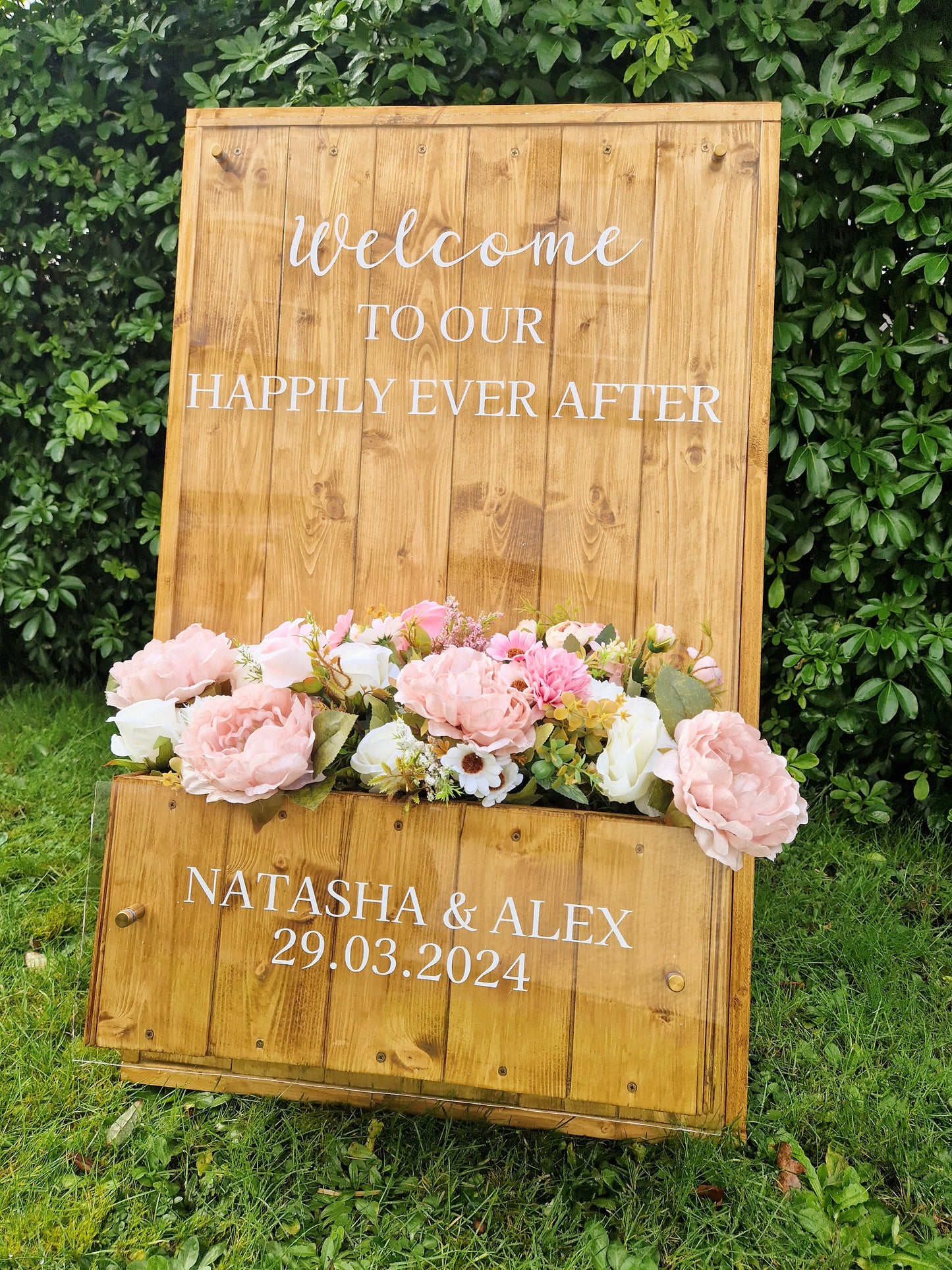 Welcome Natural Wood Flower Box Freestanding Easel Sign