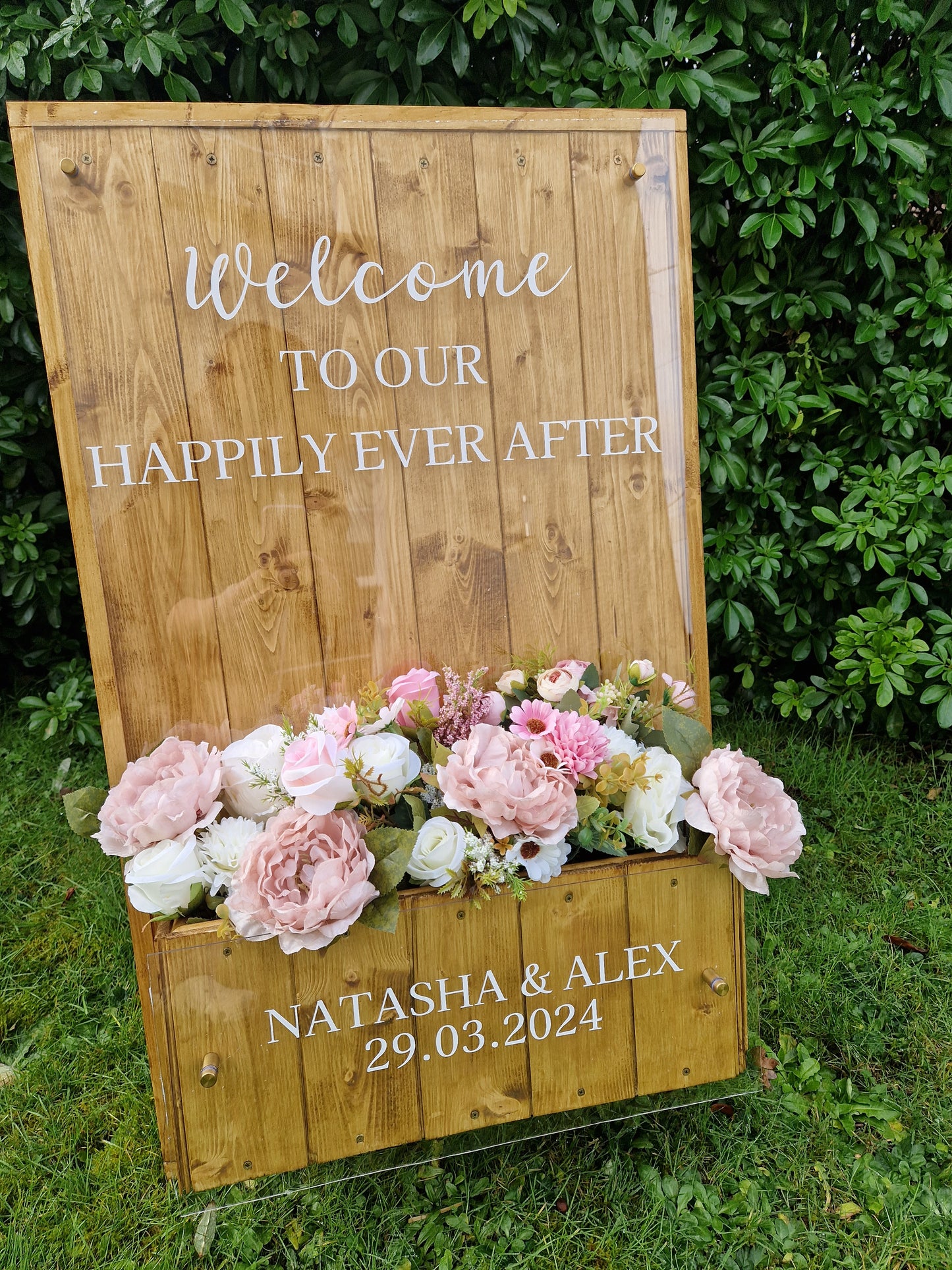 Welcome Natural Wood Flower Box Freestanding Easel Sign