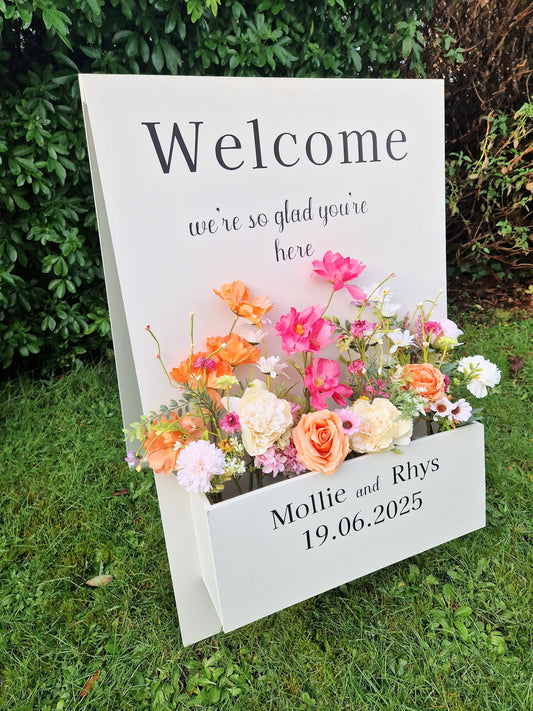 Welcome Flower Box Freestanding Easel Sign - White